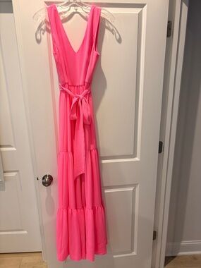 Lilly Pulitzer Hot Pink Sleeveless V-Neck Maurine Maxi Dress with Waist Tie